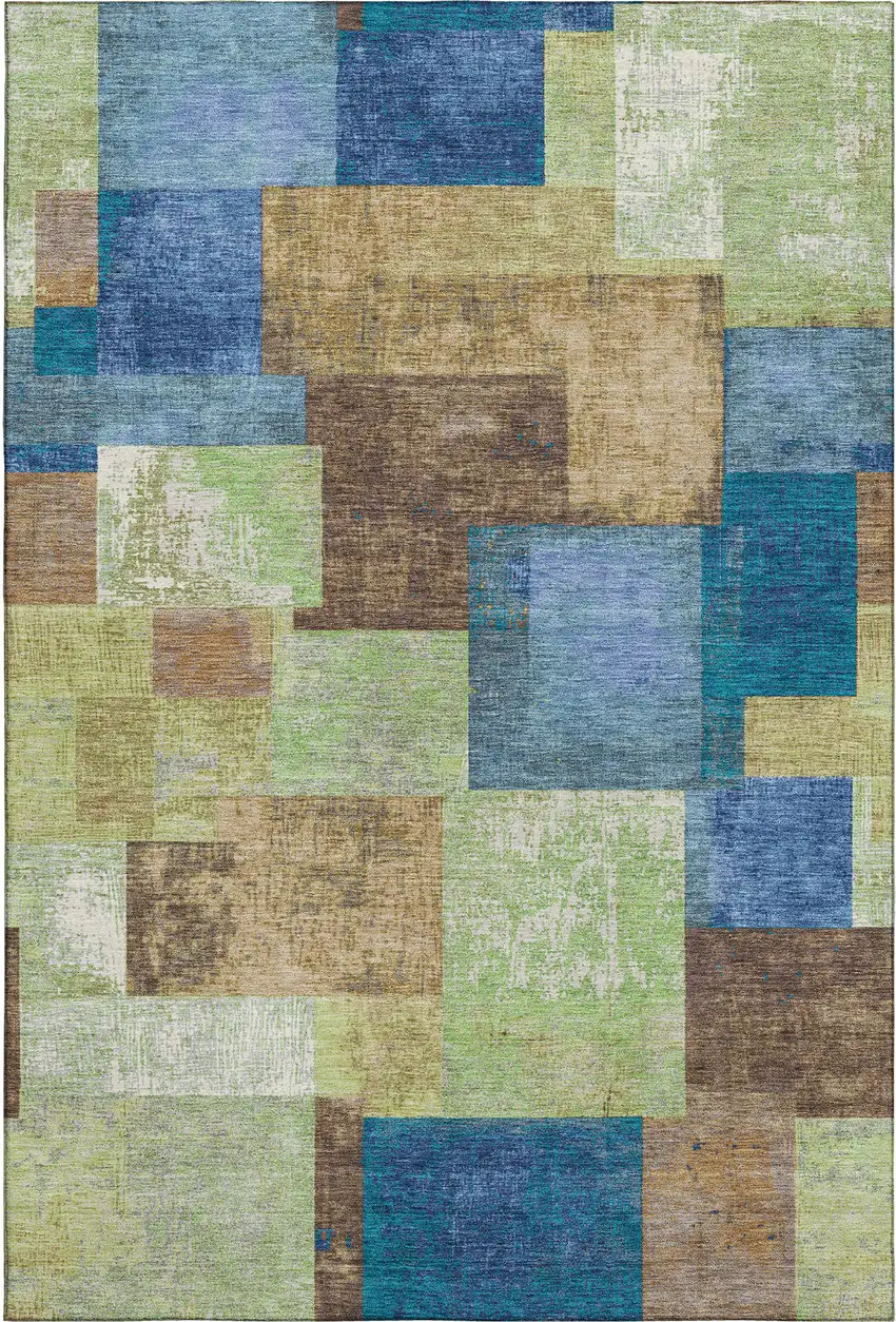 Blue Green And Beige Geometric Washable Area Rug With UV Protection Photo 1