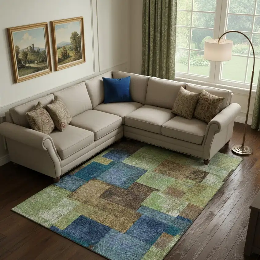 Blue Green And Beige Geometric Washable Area Rug With UV Protection Photo 2
