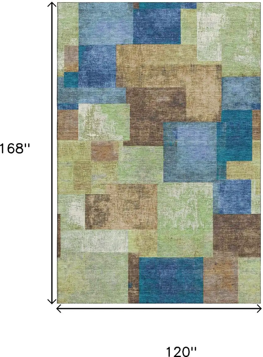 Blue Green And Beige Geometric Washable Area Rug With UV Protection Photo 9