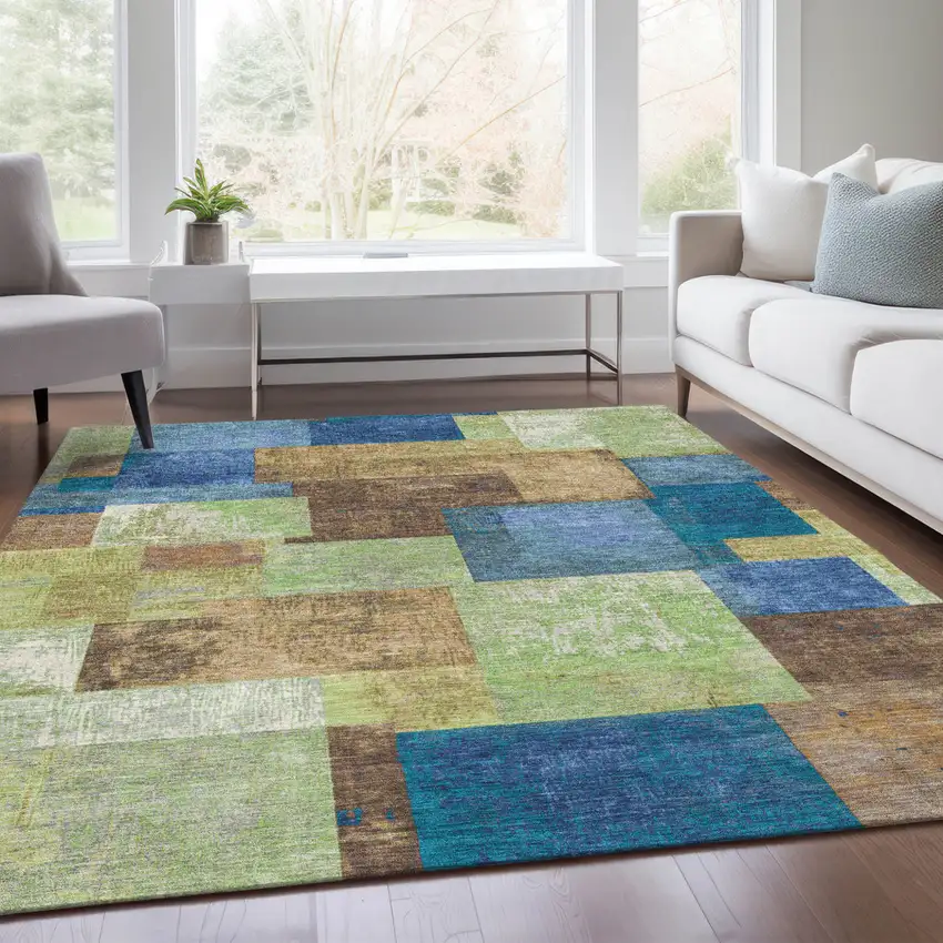 Blue Green And Beige Geometric Washable Indoor Outdoor Area Rug Photo 8