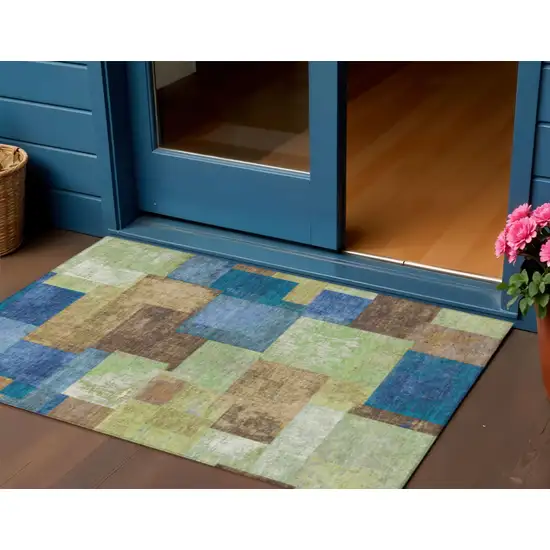 Blue Green And Beige Geometric Washable Indoor Outdoor Area Rug Photo 2