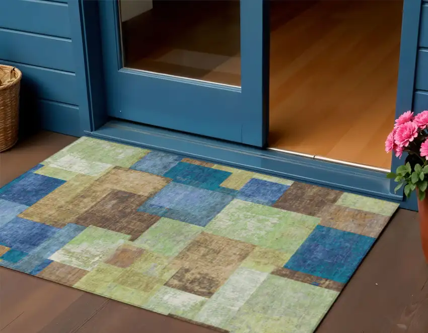 Blue Green And Beige Geometric Washable Indoor Outdoor Area Rug Photo 2