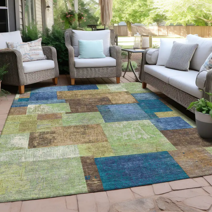 Blue Green And Beige Geometric Washable Indoor Outdoor Area Rug Photo 6