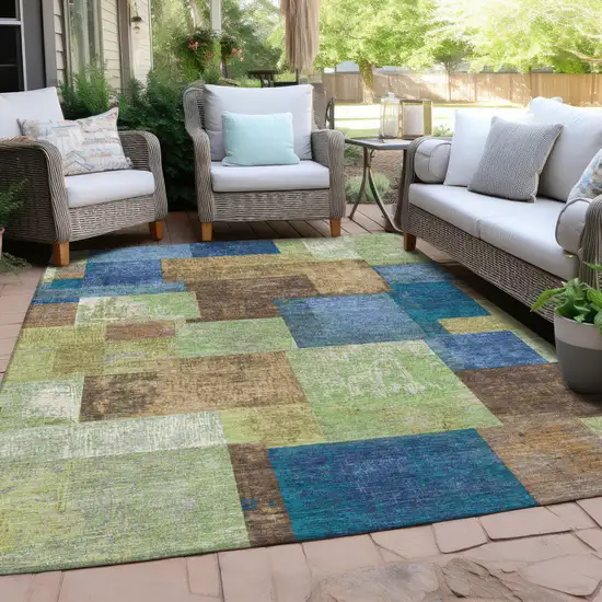 Blue Green And Beige Geometric Washable Indoor Outdoor Area Rug Photo 6