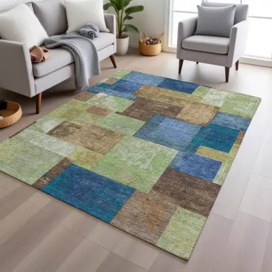 Blue Green And Beige Geometric Washable Indoor Outdoor Area Rug Photo 7