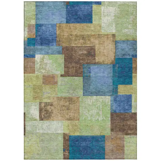 Blue Green And Beige Geometric Washable Indoor Outdoor Area Rug Photo 1