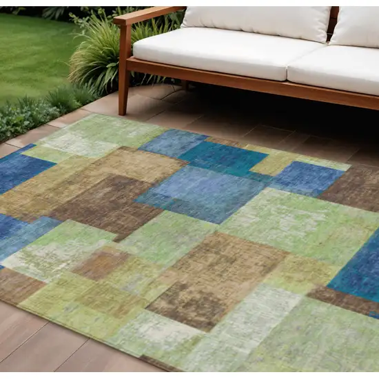 Blue Green And Beige Geometric Washable Indoor Outdoor Area Rug Photo 2