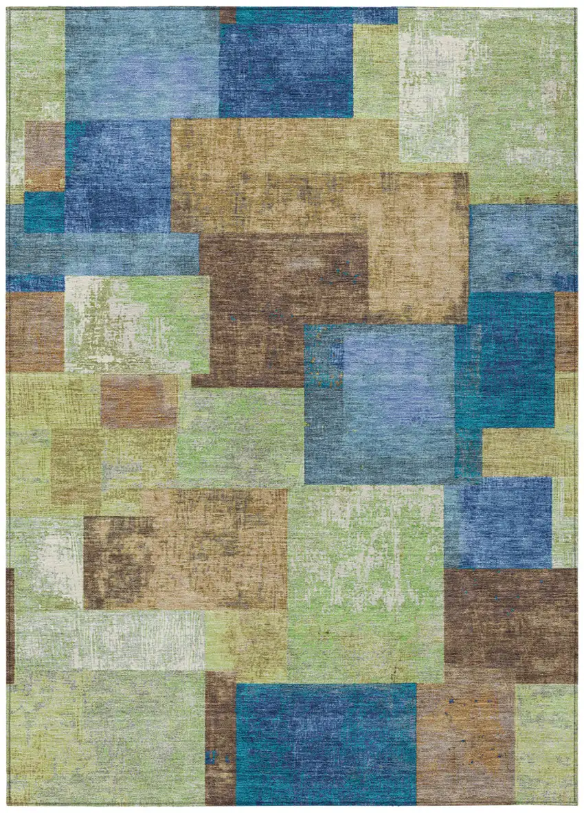 Blue Green And Beige Geometric Washable Indoor Outdoor Area Rug Photo 1