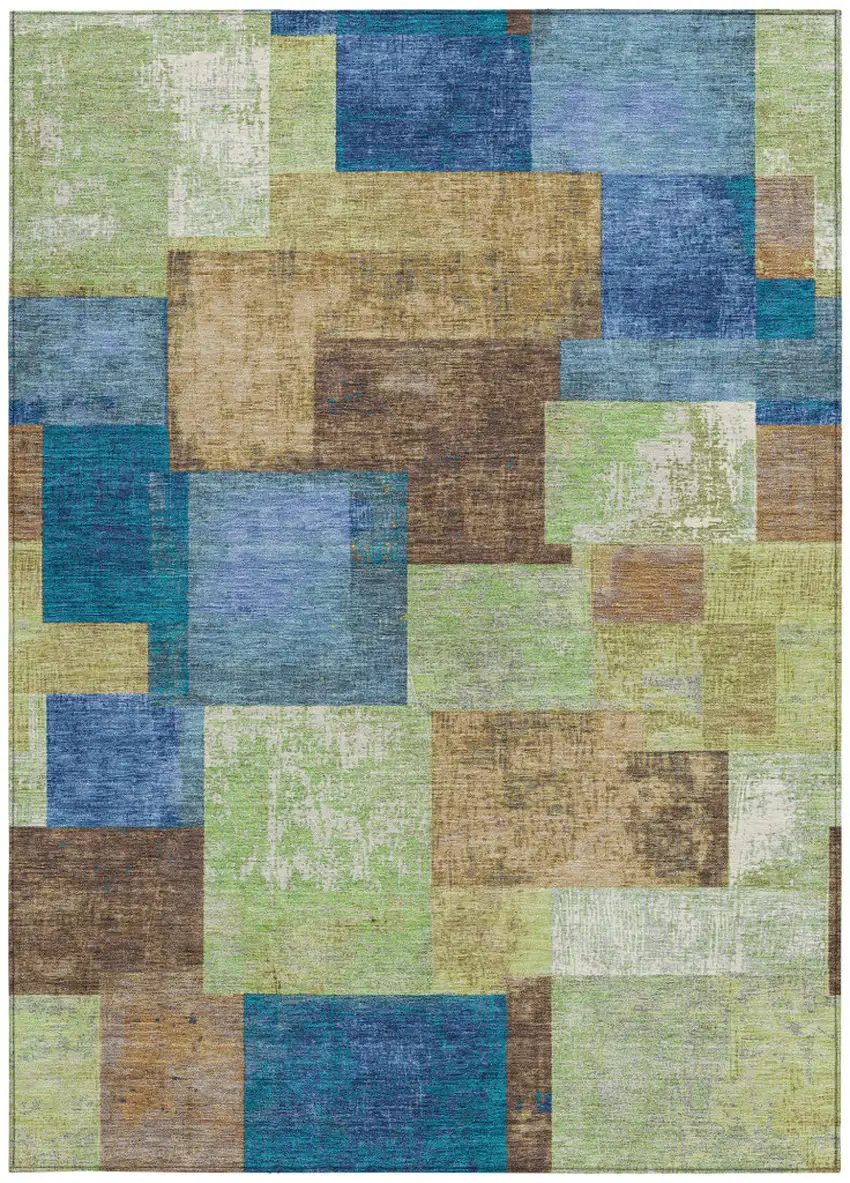 Blue Green And Beige Geometric Washable Indoor Outdoor Area Rug Photo 3