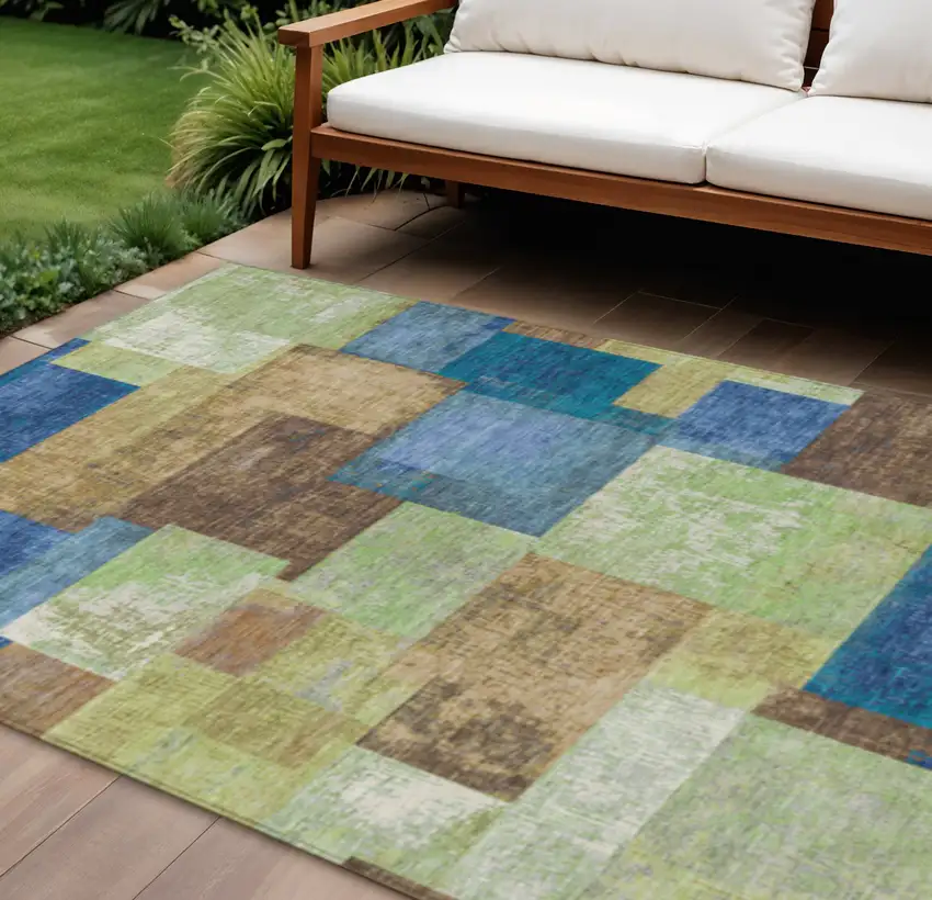 Blue Green And Beige Geometric Washable Indoor Outdoor Area Rug Photo 2
