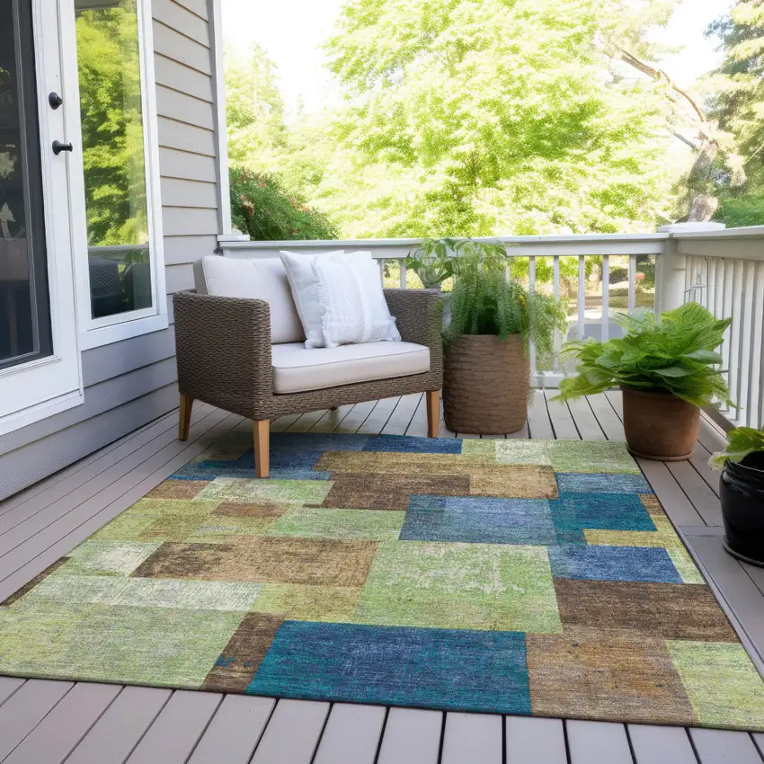 Blue Green And Beige Geometric Washable Indoor Outdoor Area Rug Photo 9
