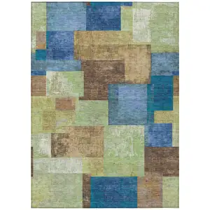 Photo of Blue Green And Beige Geometric Washable Indoor Outdoor Area Rug