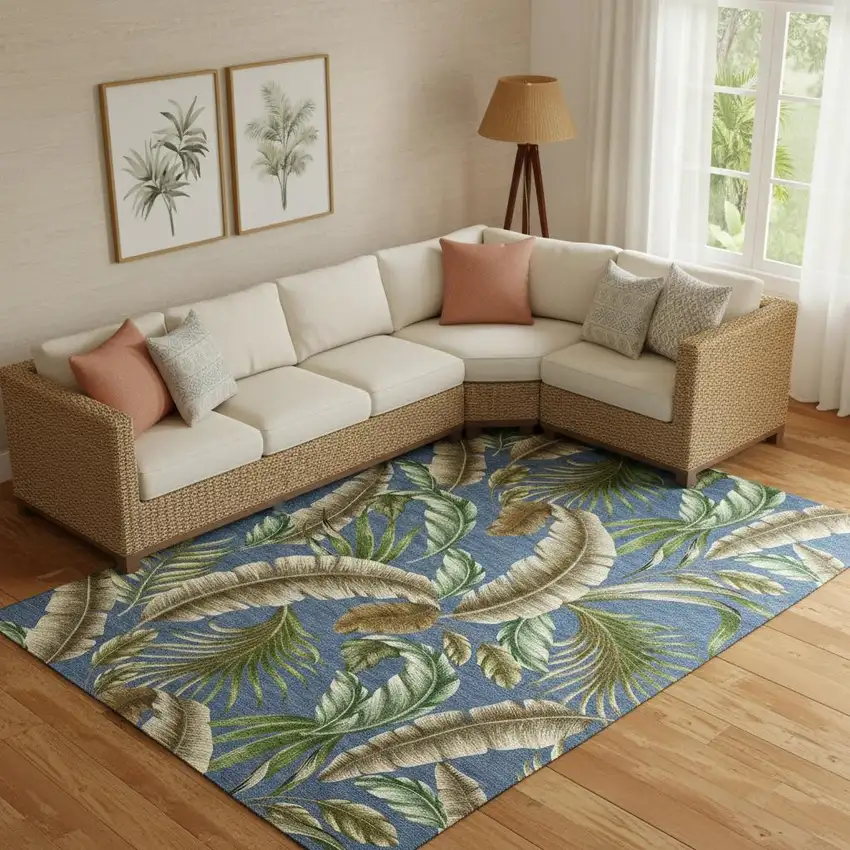 Blue Green And Brown Geometric Washable Area Rug With UV Protection Photo 1