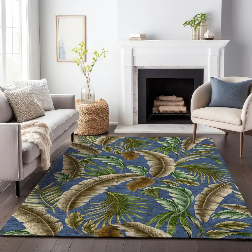 Blue Green And Brown Geometric Washable Area Rug With UV Protection Photo 6