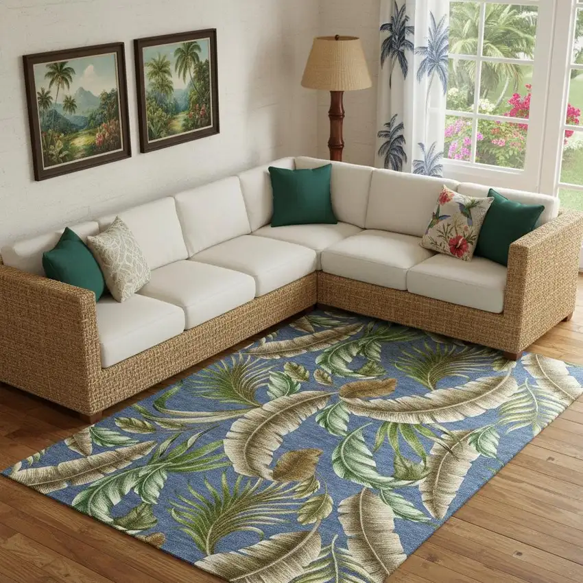 Blue Green And Brown Geometric Washable Area Rug With UV Protection Photo 1