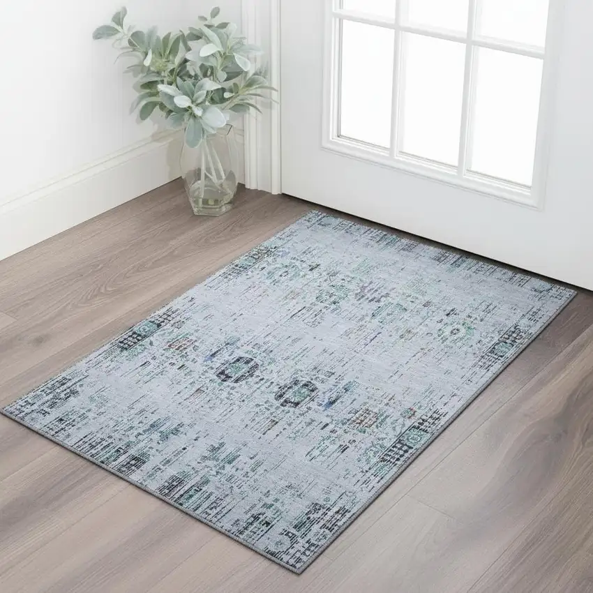 Blue Green And Charcoal Oriental Washable Area Rug With UV Protection Photo 2