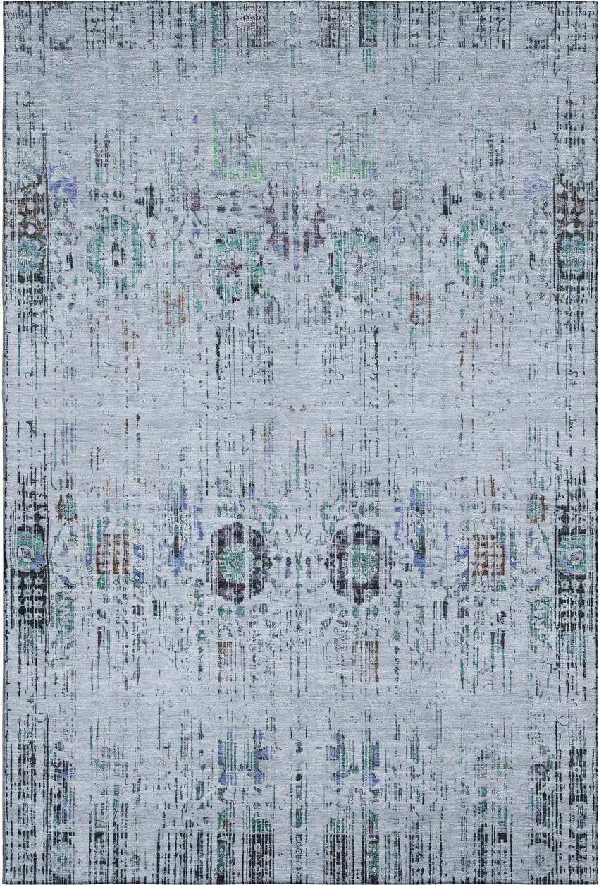 Blue Green And Charcoal Oriental Washable Area Rug With UV Protection Photo 1