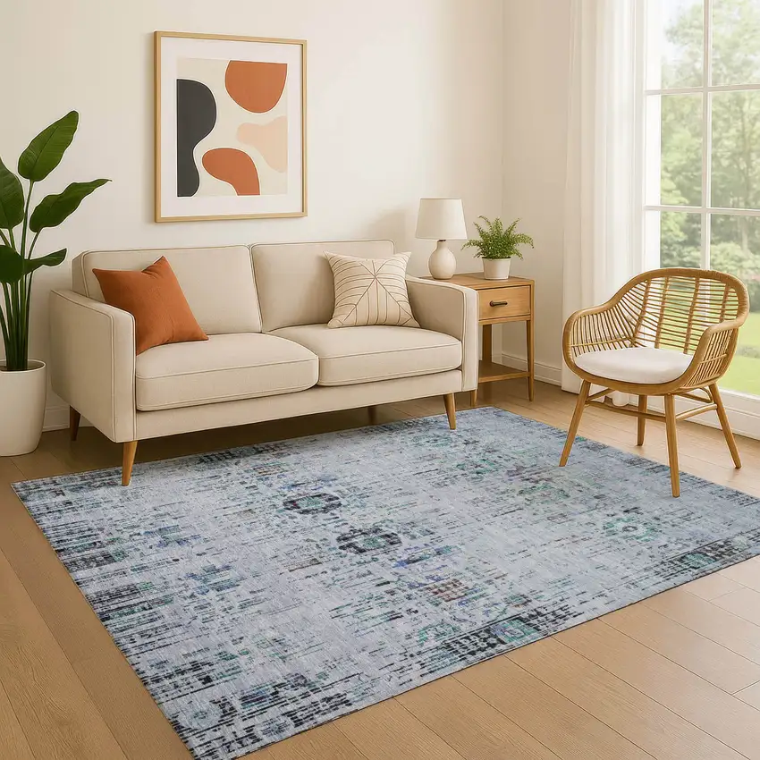 Blue Green And Charcoal Oriental Washable Area Rug With UV Protection Photo 4