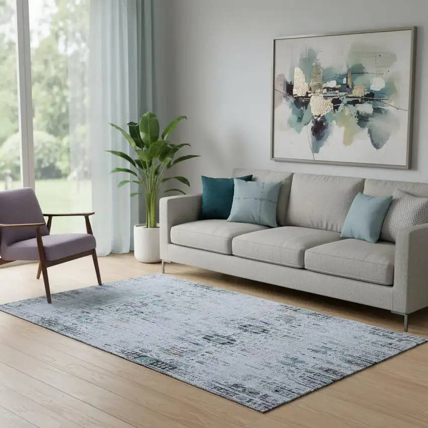 Blue Green And Charcoal Oriental Washable Area Rug With UV Protection Photo 2