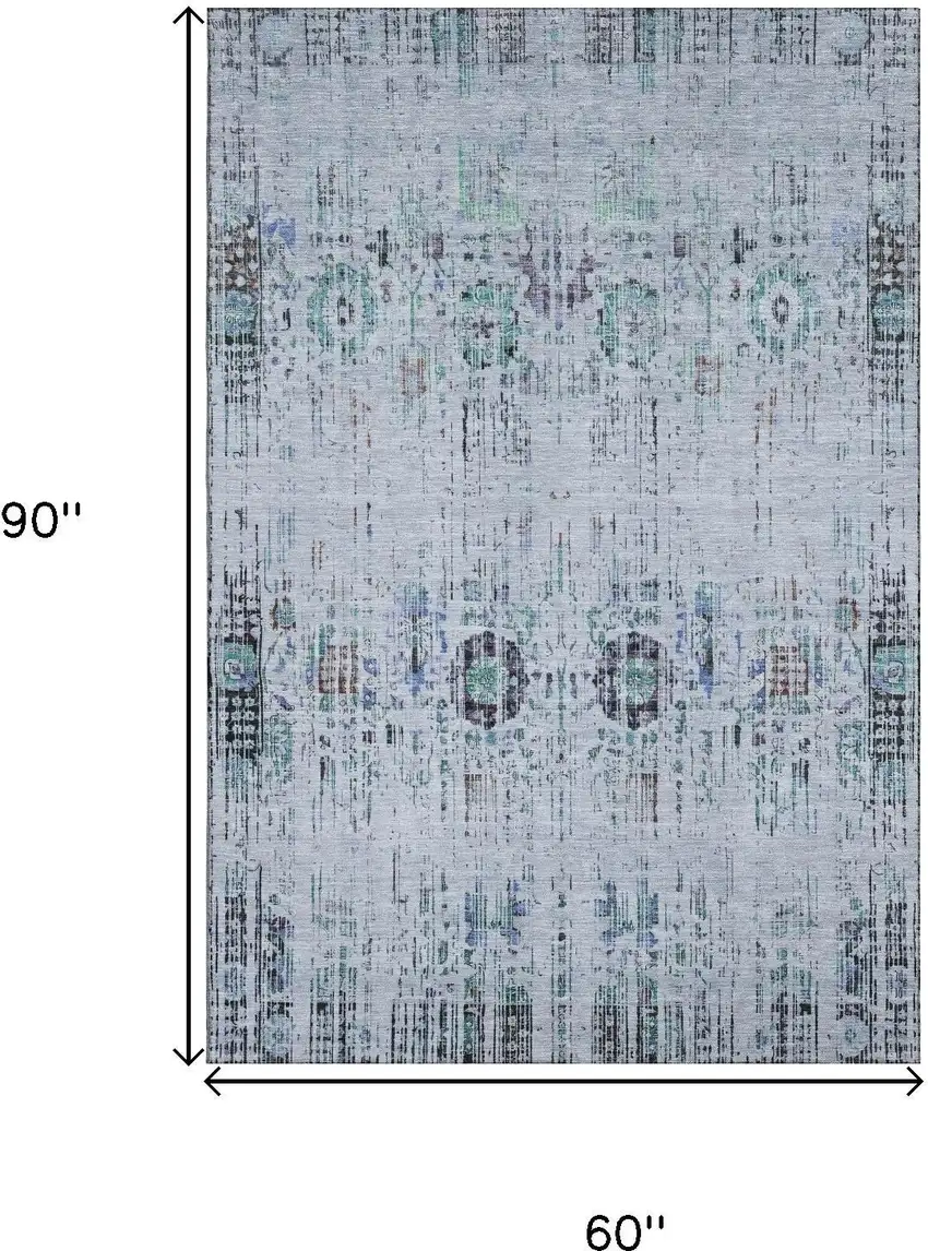 Blue Green And Charcoal Oriental Washable Area Rug With UV Protection Photo 9