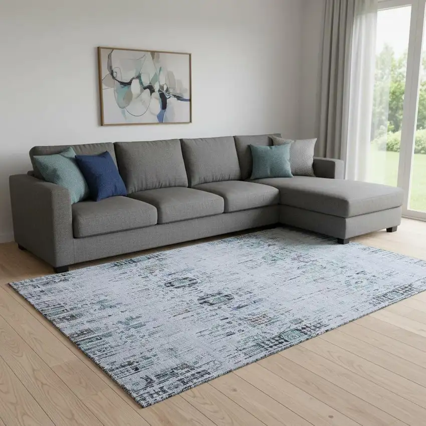 Blue Green And Charcoal Oriental Washable Area Rug With UV Protection Photo 2