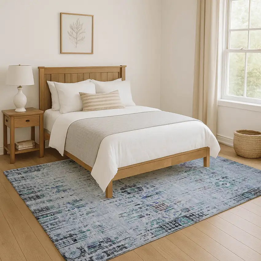 Blue Green And Charcoal Oriental Washable Area Rug With UV Protection Photo 5