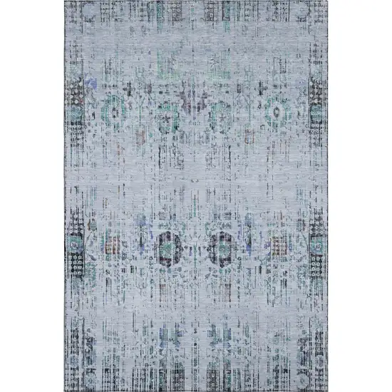 Blue Green And Charcoal Oriental Washable Area Rug With UV Protection Photo 1