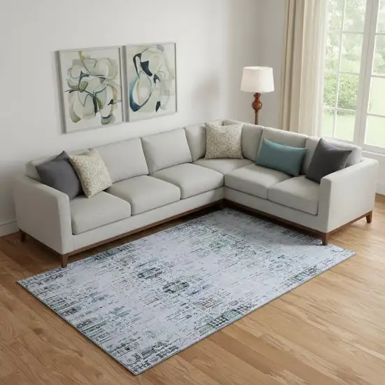 Blue Green And Charcoal Oriental Washable Area Rug With UV Protection Photo 2