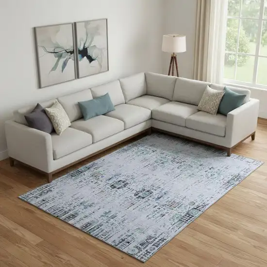 Blue Green And Charcoal Oriental Washable Area Rug With UV Protection Photo 2