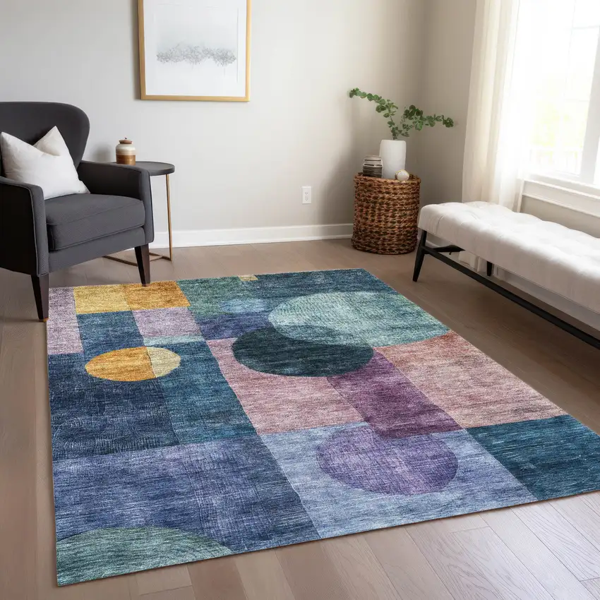 Blue Green And Copper Geometric Washable Indoor Outdoor Area Rug Photo 9