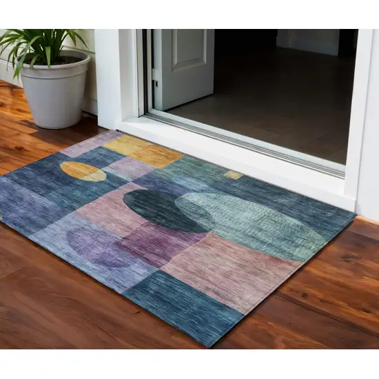 Blue Green And Copper Geometric Washable Indoor Outdoor Area Rug Photo 1