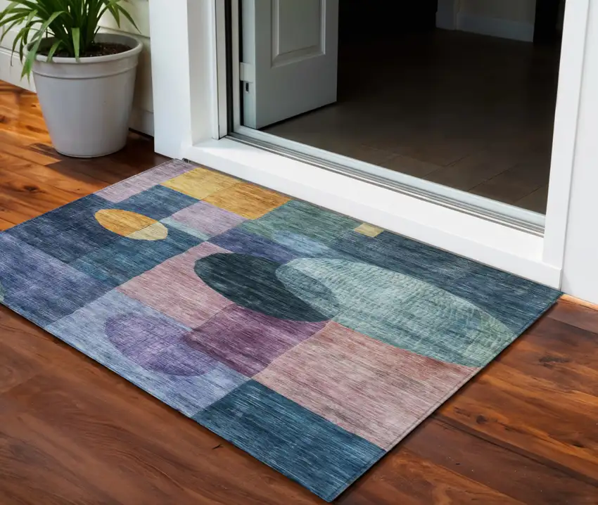 Blue Green And Copper Geometric Washable Indoor Outdoor Area Rug Photo 1