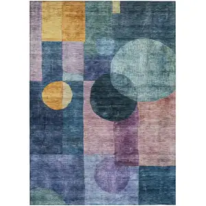 Photo of Blue Green And Copper Geometric Washable Indoor Outdoor Area Rug