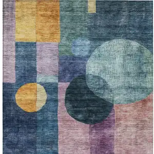 Photo of Blue Green And Copper Geometric Washable Indoor Outdoor Area Rug