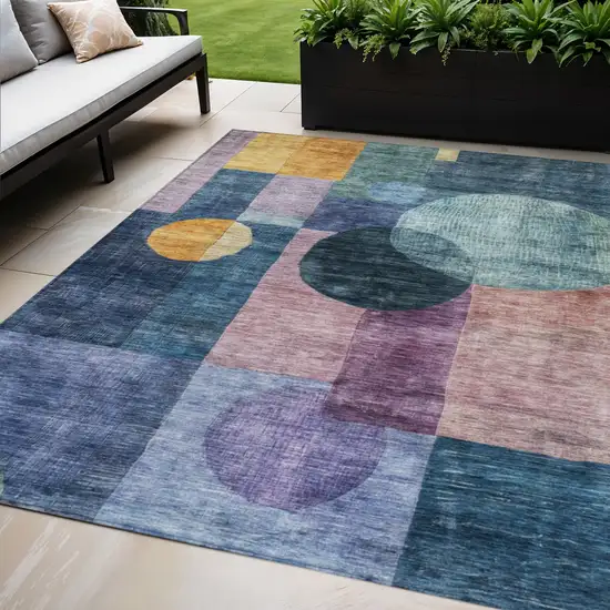 Blue Green And Copper Geometric Washable Indoor Outdoor Area Rug Photo 1