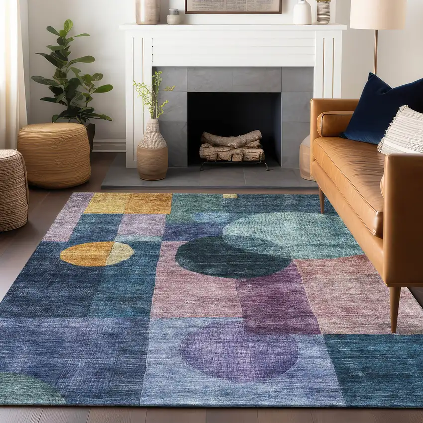 Blue Green And Copper Geometric Washable Indoor Outdoor Area Rug Photo 9