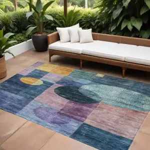 Photo of Blue Green And Copper Geometric Washable Indoor Outdoor Area Rug