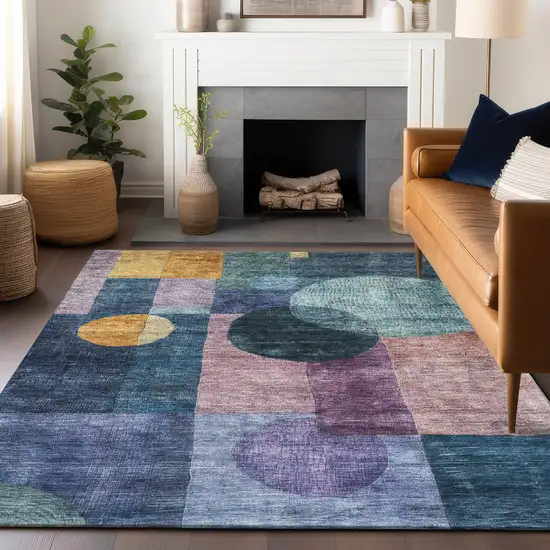 Blue Green And Copper Geometric Washable Indoor Outdoor Area Rug Photo 9
