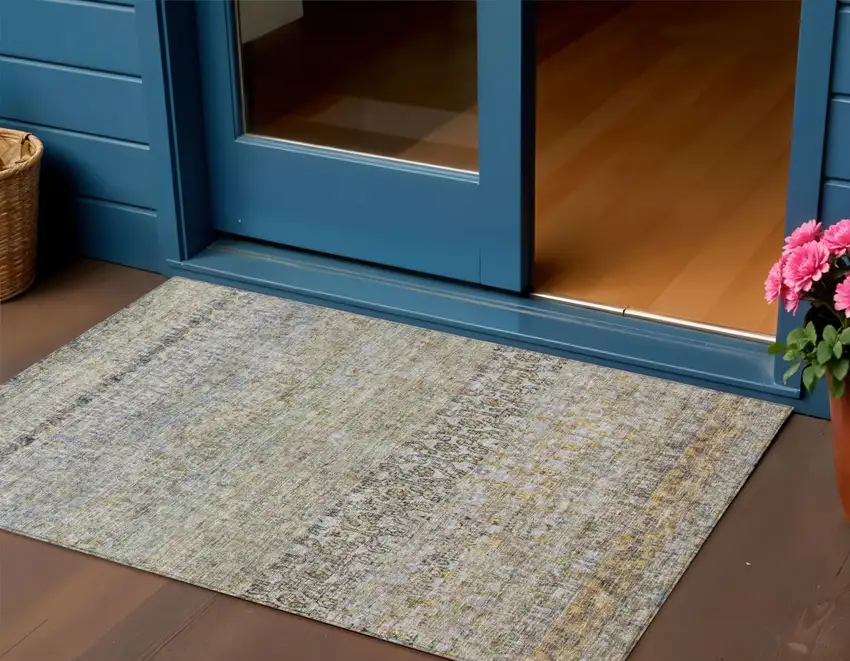 Blue Green And Gold Floral Washable Indoor Outdoor Area Rug Photo 1