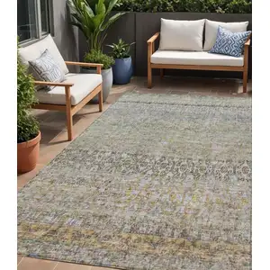 Photo of Blue Green And Gold Floral Washable Indoor Outdoor Area Rug