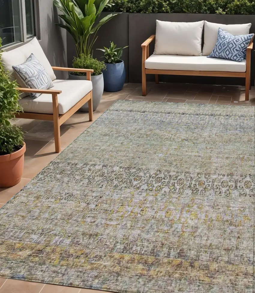 Blue Green And Gold Floral Washable Indoor Outdoor Area Rug Photo 1