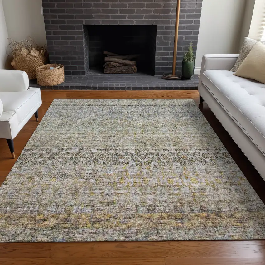 Blue Green And Gold Floral Washable Indoor Outdoor Area Rug Photo 9