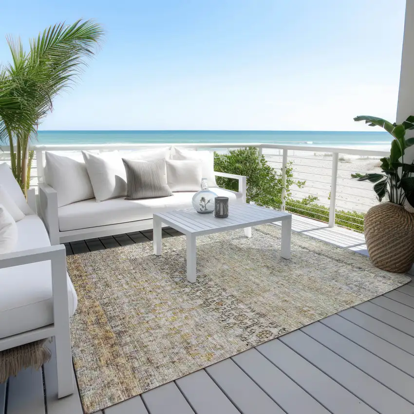 Blue Green And Gold Floral Washable Indoor Outdoor Area Rug Photo 7