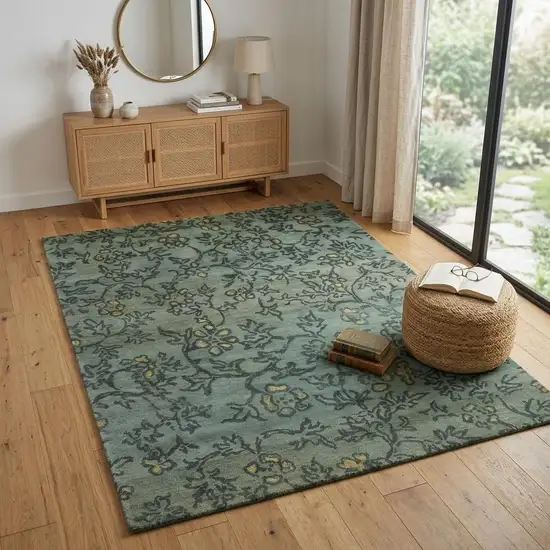 Blue Green And Gold Wool Floral Hand Knotted Area Rug Photo 1