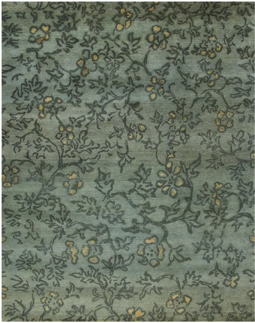 Blue Green And Gold Wool Floral Hand Knotted Area Rug Photo 4