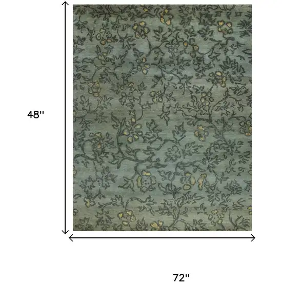 Blue Green And Gold Wool Floral Hand Knotted Area Rug Photo 5