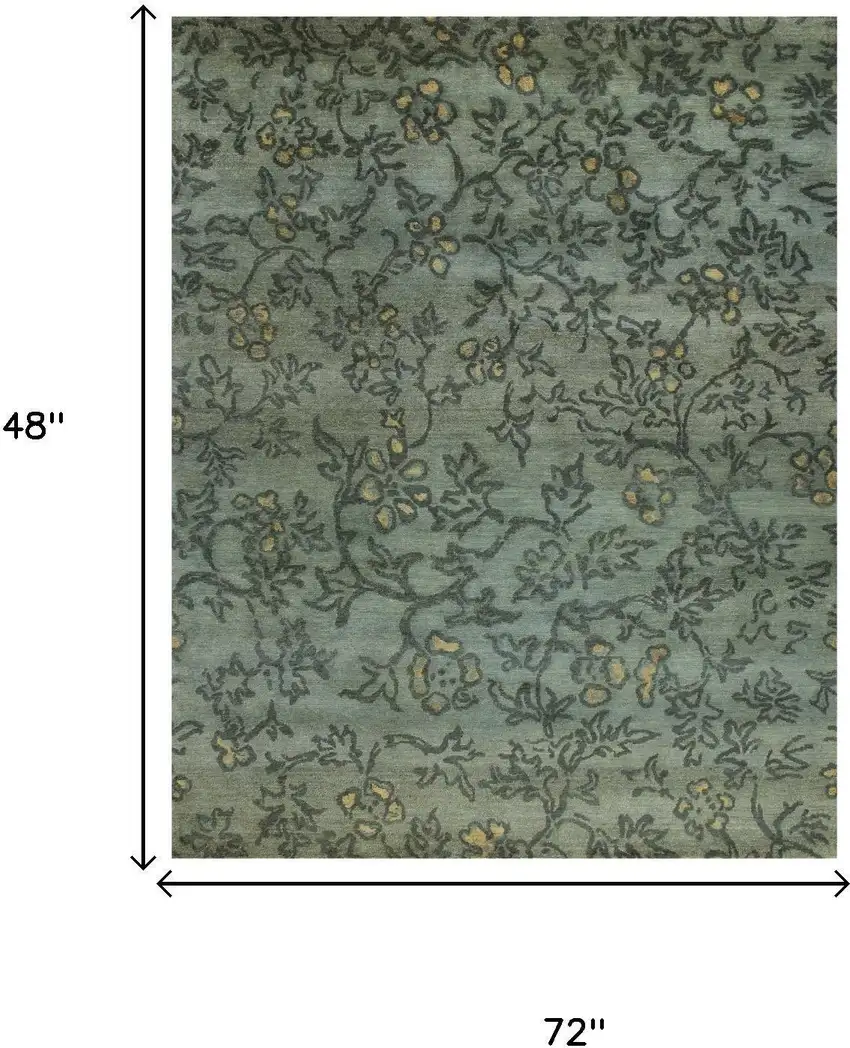 Blue Green And Gold Wool Floral Hand Knotted Area Rug Photo 5