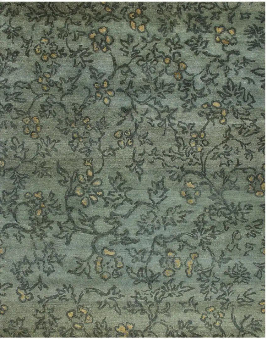 Blue Green And Gold Wool Floral Hand Knotted Area Rug Photo 2