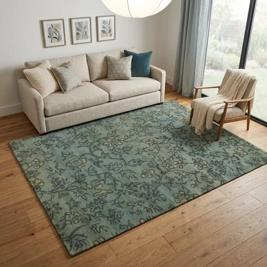 Blue Green And Gold Wool Floral Hand Knotted Area Rug Photo 1