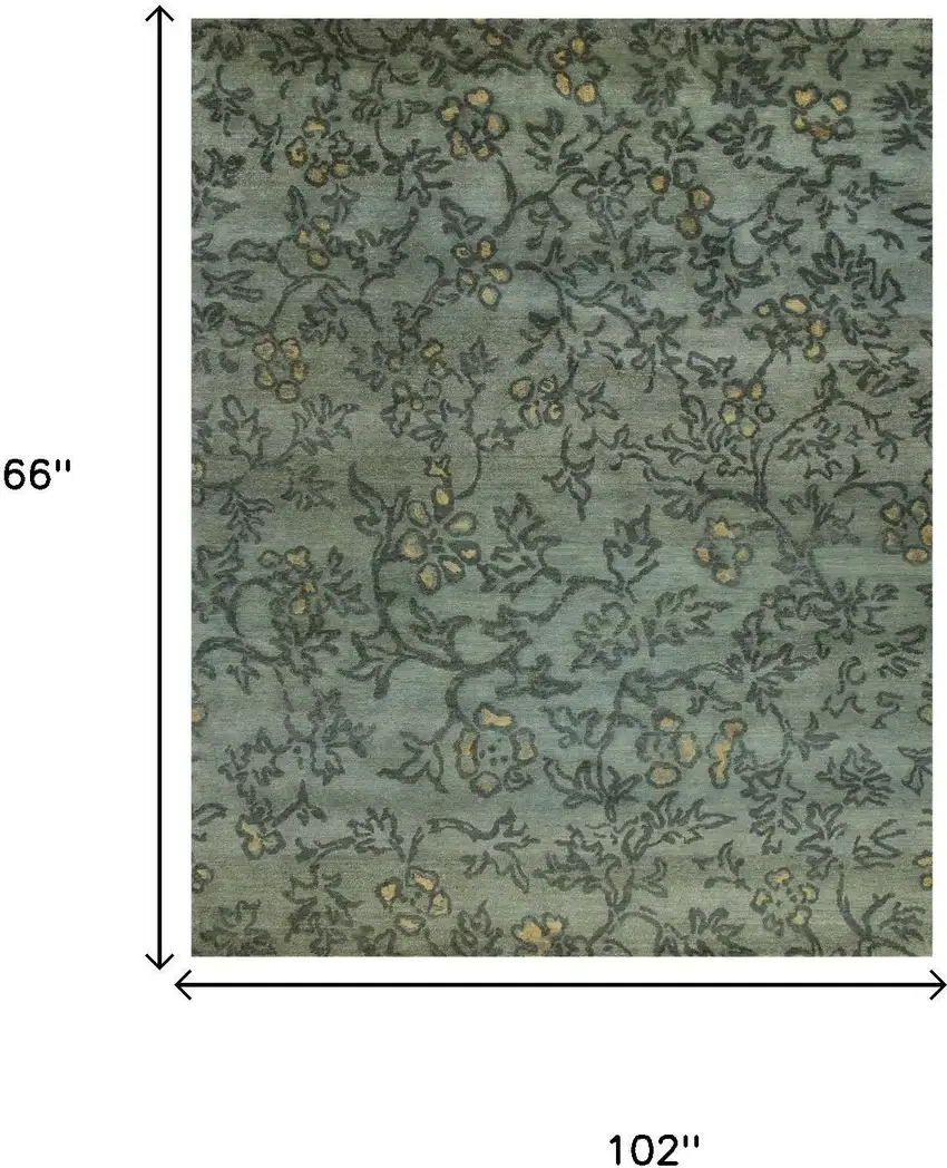 Blue Green And Gold Wool Floral Hand Knotted Area Rug Photo 5